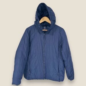 Uniqlo Lightweight Down Puffer Jacket Women Large Navy Blue Hooded Zip Pockets